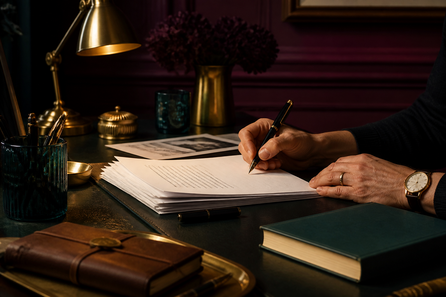 An author working on a manuscript in a refined private writing studio